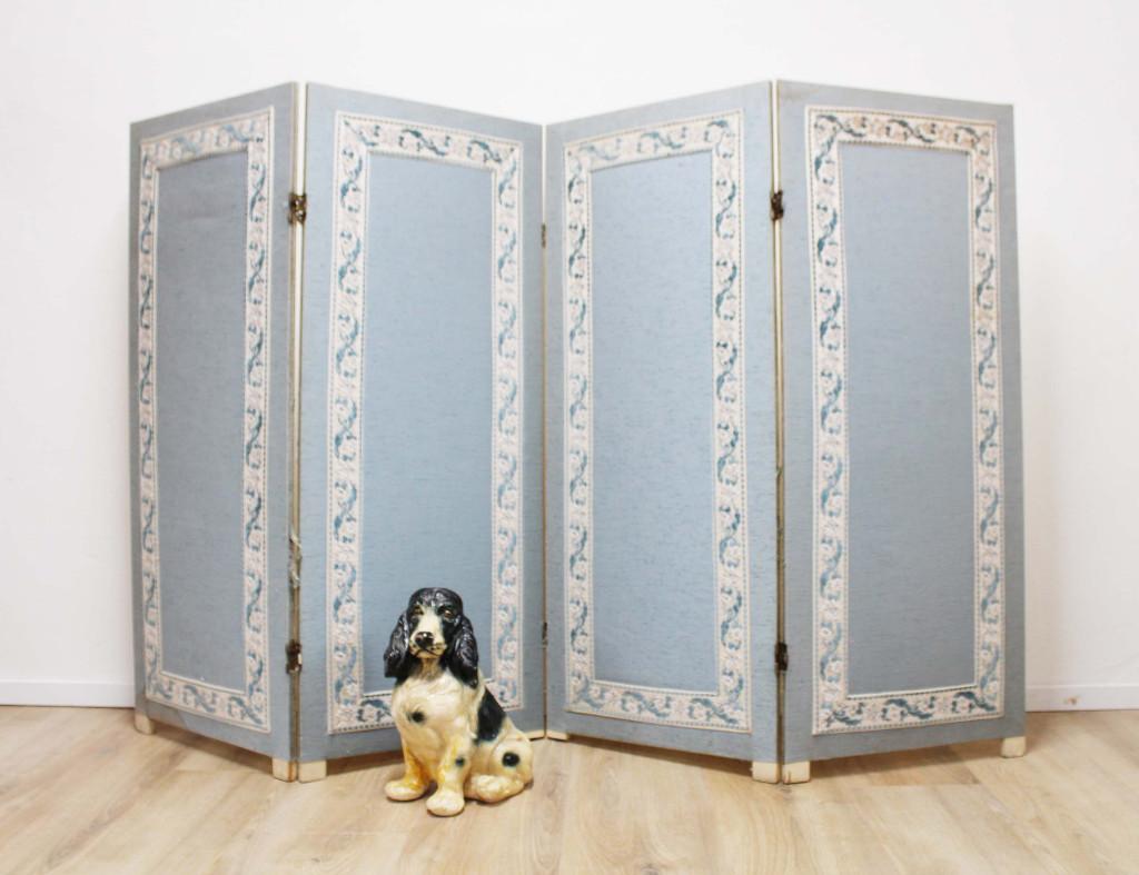 Antiek kamerscherm, blauw stof. Houten vintage roomdivider., Ophalen, O, O, O