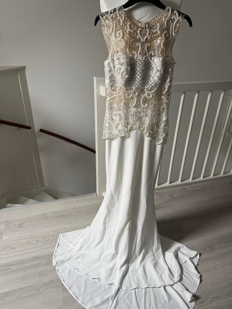 Trouwjurk met kraaltjes en pailletten, Ophalen of Verzenden, Gedragen, Wit, Trouwjurk