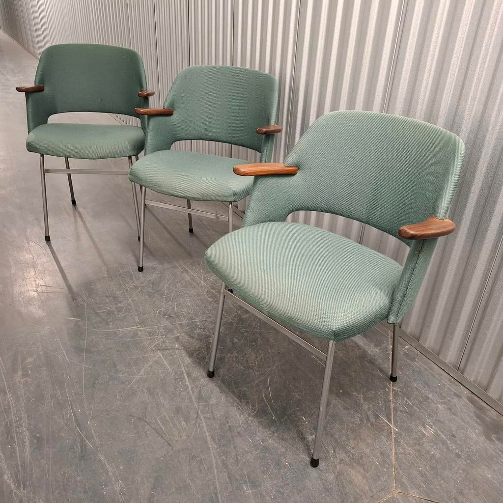 Vintage PASTOE stoelen, Huis en Inrichting, Stoelen, Gebruikt, Drie, Hout, Metaal, Stof, Bruin, Ophalen