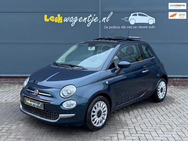 Fiat 500 0.9 Turbo Lounge *schuifdak *cruise *blauw metallic, Voorwielaandrijving, Gebruikt, Zwart, Leder en Stof