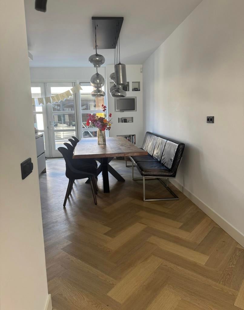 Zwart leren eetkamerbank, Huis en Inrichting, Gebruikt, Minder dan 75 cm, Driepersoons, Leer