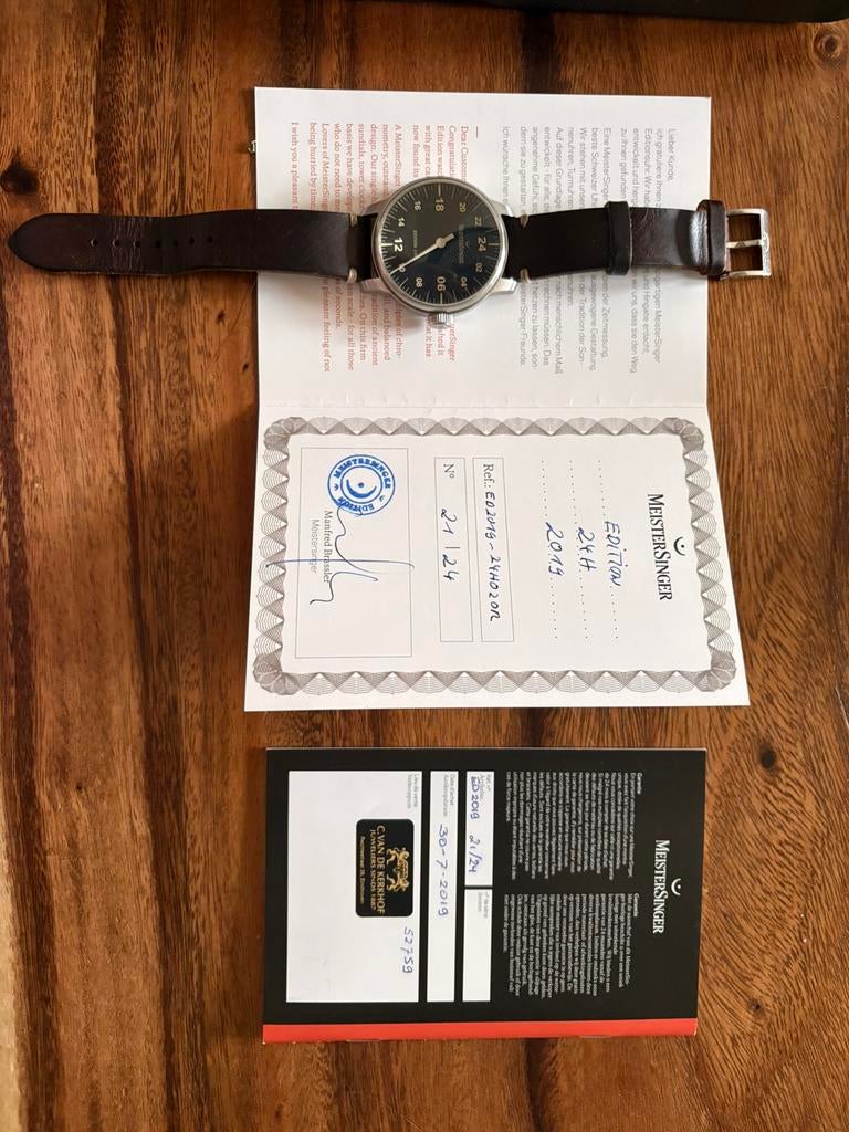 Meistersinger 24hrs editie, Sieraden, Tassen en Uiterlijk, Horloges | Heren, Gebruikt, Polshorloge, Overige merken, Leer, Ophalen