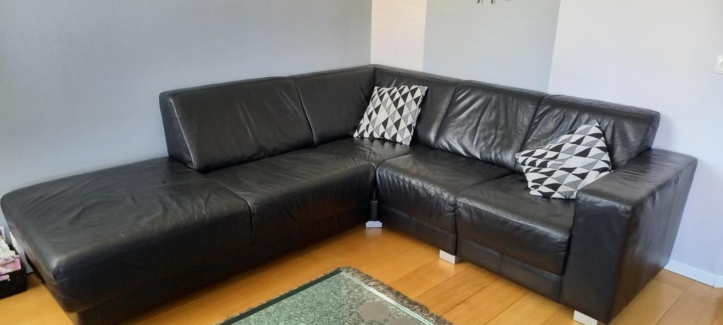 Gebruikte zwart leren hoekbank, Ophalen, Gebruikt