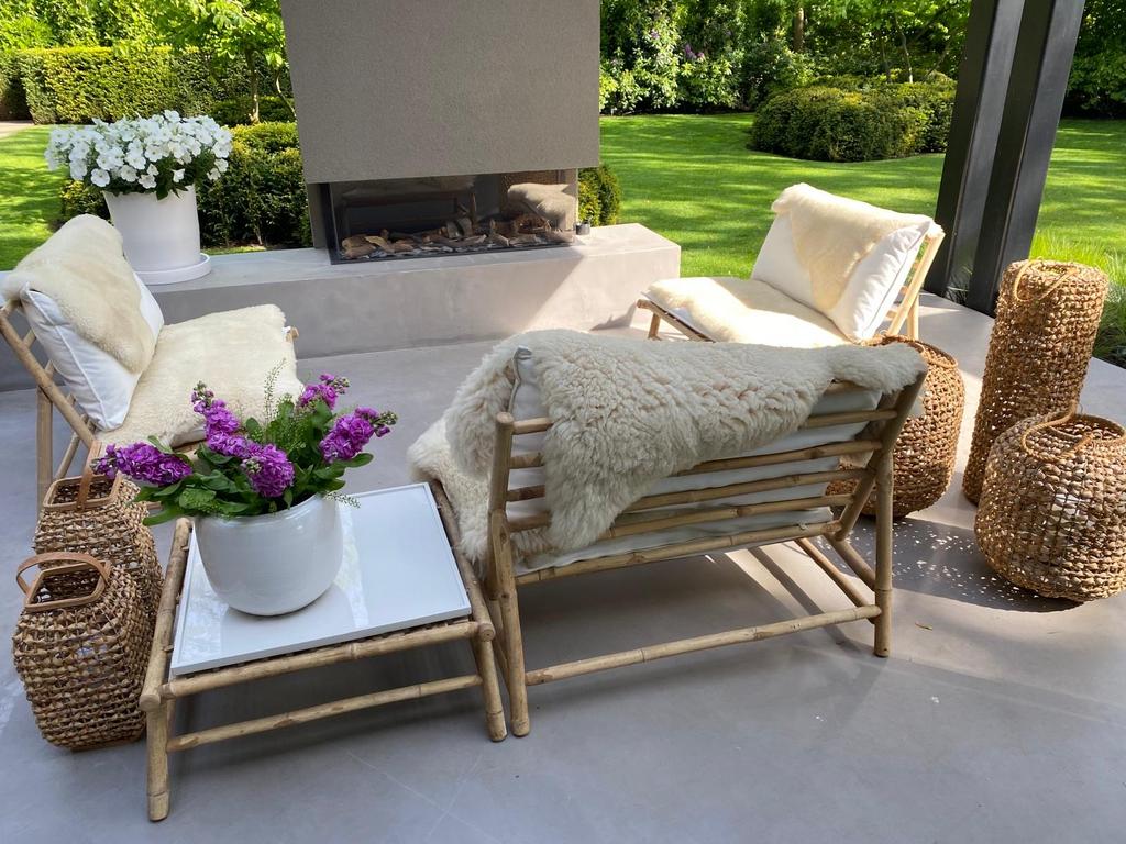 Set van 3 bamboe lounge bankjes met kussens, Tuin en Terras, Ophalen of Verzenden, Zo goed als nieuw, Hout