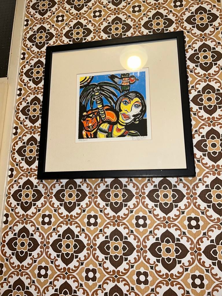 Fabian (1967) Zeefdruk: Kleurrijke Grafiek met Vrouw en Kat, Antiek en Kunst, Kunst | Litho's en Zeefdrukken, Ophalen of Verzenden