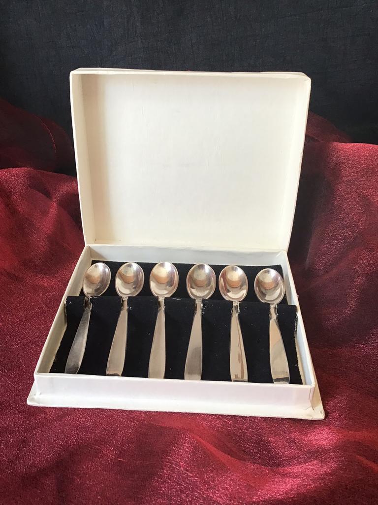 6 Verzilverde dessert of koffielepeltjes in originele doos, Ophalen of Verzenden