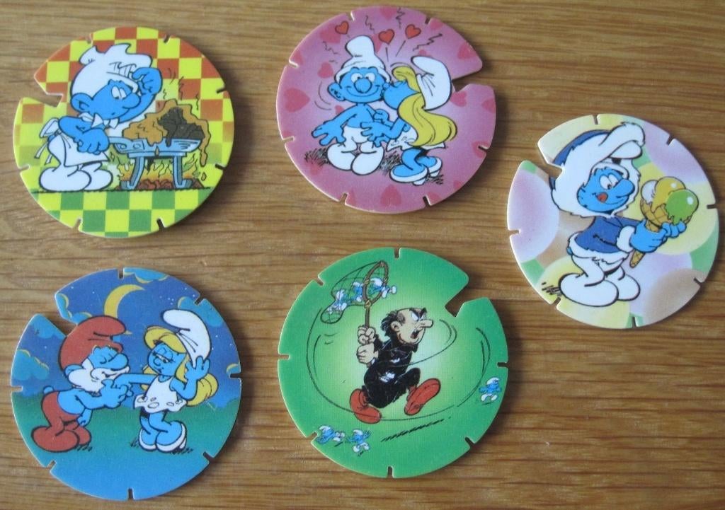 vijf verschillende Flippo's - Jam Caps - Smurfen, Verzamelen, Flippo's, Ophalen of Verzenden, Losse flippo's