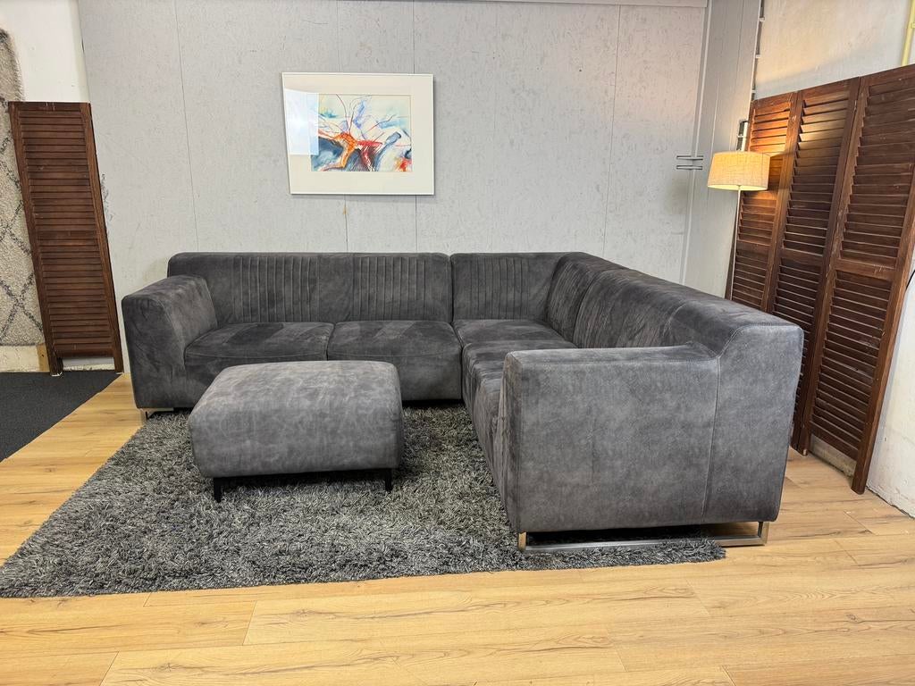 Ruime Antraciete Velvet Hoekbank + Hocker- Gratis Bezorgd, Ophalen of Verzenden, Noordkade 68A, Vierpersoons of meer, Sofapointnl@gmail.com