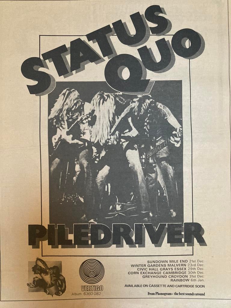 Paginagrote A3 advertentie STATUS QUO Piledriver tour, Ophalen of Verzenden