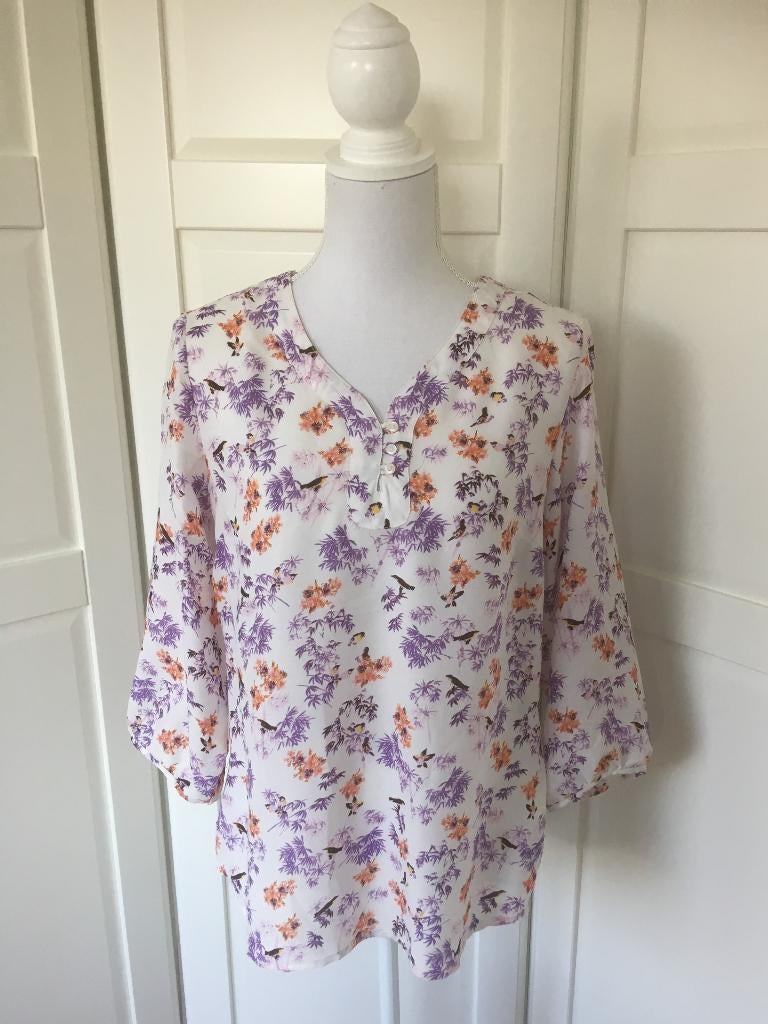 Atlas zgan witte vogeltjes bloemen print blouse 36/38 M, Maat 38/40 (M), Wit, Ophalen of Verzenden, Zo goed als nieuw