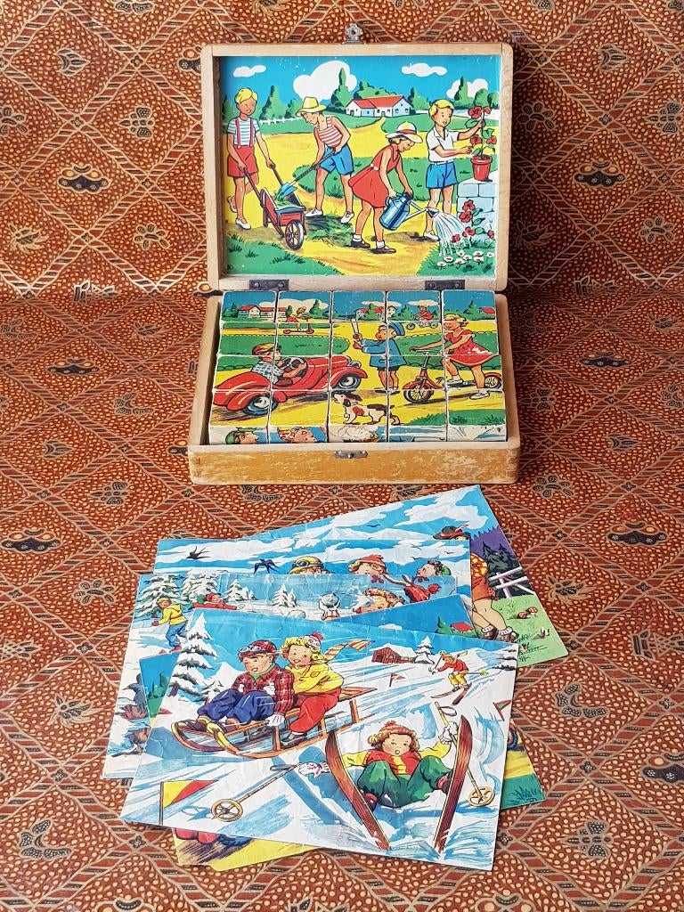 Complete oude blokken puzzel uit Frankrijk in een kist., Antiek en Kunst, Antiek | Speelgoed, Ophalen of Verzenden
