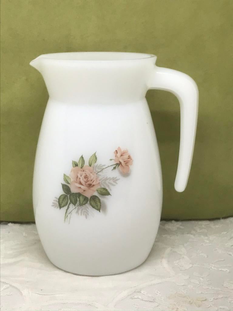 Vintage schenkkan, melkglas met roosjes (020620), Ophalen of Verzenden, Glas, Overige stijlen