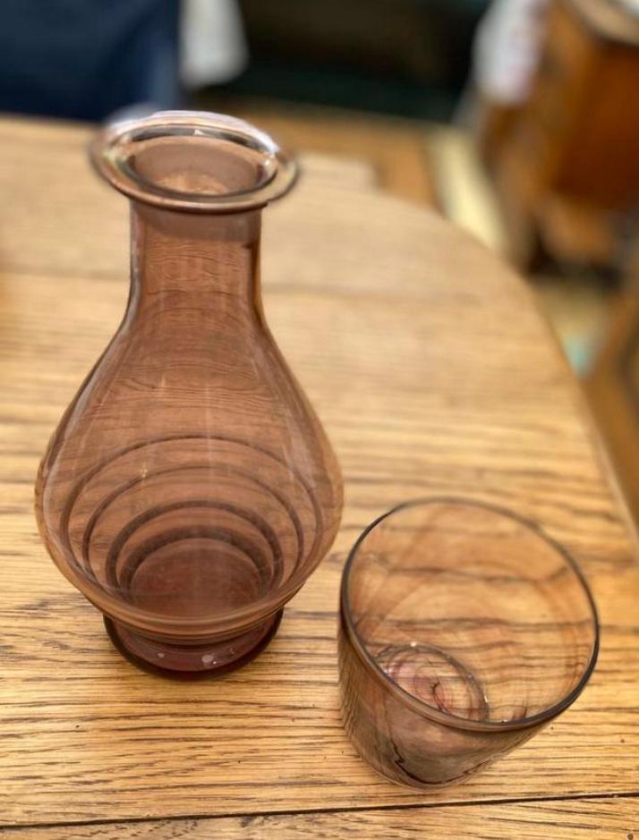 Amathist  Karafje 18 cm , horizontale ribben en waterglas, Ophalen of Verzenden