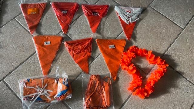 Vlaggenlijn, vlaggetjes oranje en hawaii ketting, slinger.7, Ophalen of Verzenden, Gebruikt, Versiering, Oranje of Koningsdag