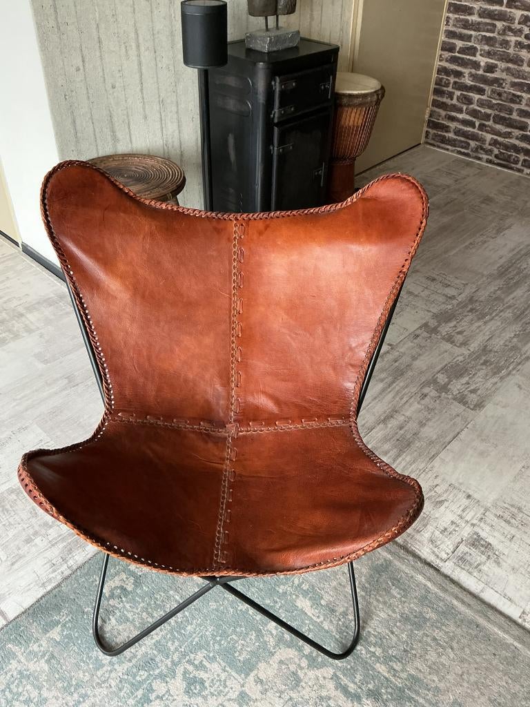 Vlinderstoel - Cognac Butterfly chair, Ophalen, Bruin, Zo goed als nieuw, Eén