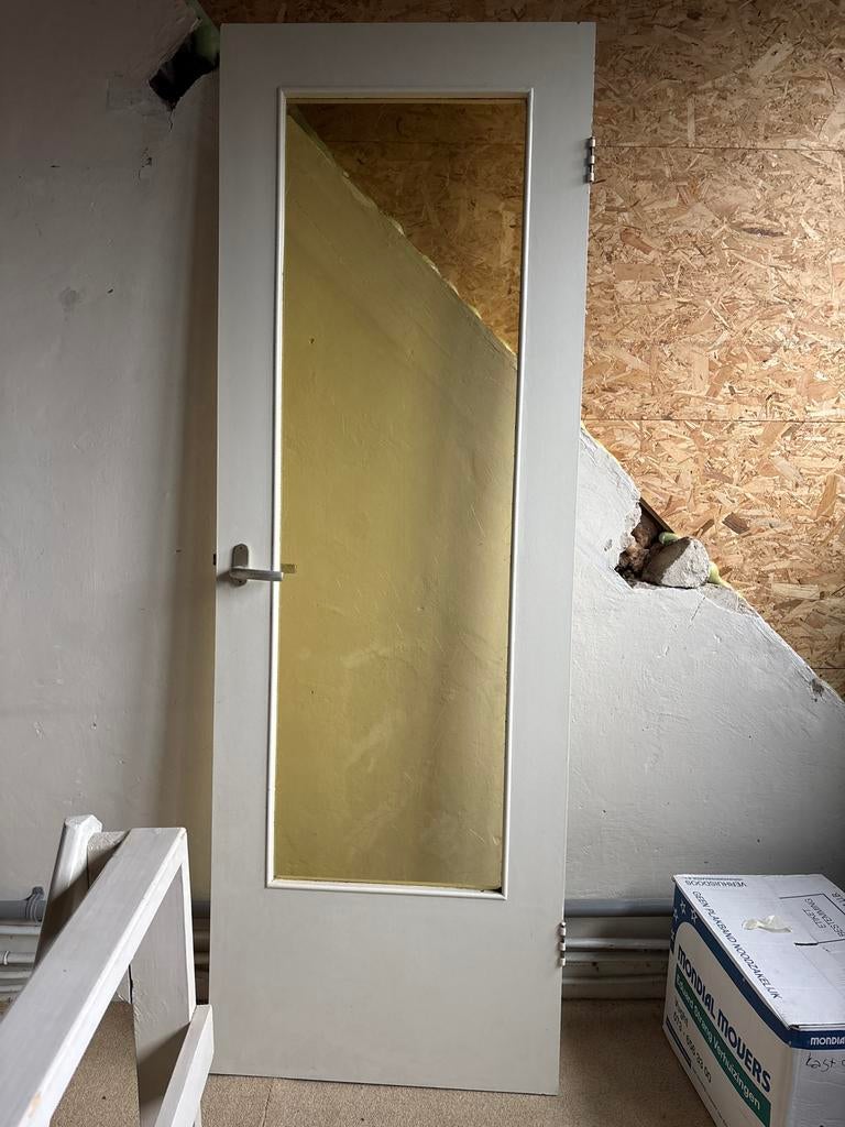 Jaren 30 binnendeur met geel glas - linksdraaiend, Doe-het-zelf en Verbouw, Deuren en Horren, Ophalen, Gebruikt, Minder dan 80 cm