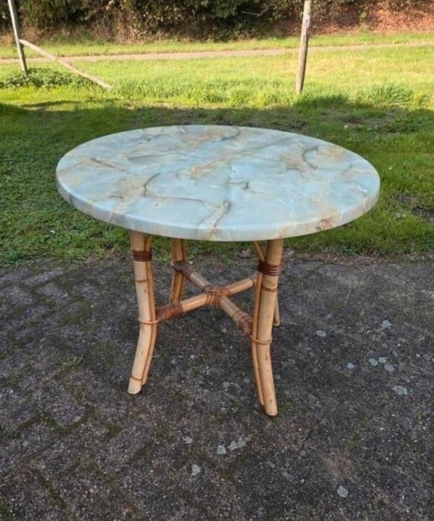 Bamboe terras tafel met fineer blad 1986, Ophalen, Rond