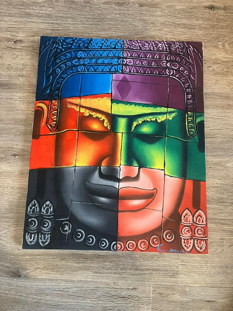 Schilderij uit Cambodja meerkleurig buddha 50x40cm, Antiek en Kunst, Ophalen of Verzenden