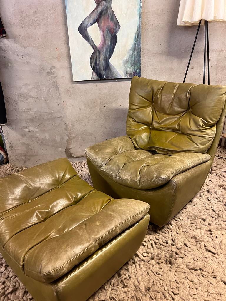 De Sede fauteuil met hocker, groen leer, Ophalen, Gebruikt, Leer, 75 tot 100 cm