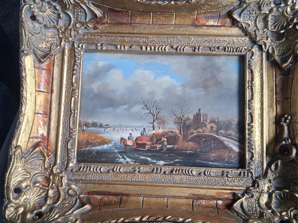 Antiek Hollands winterlandschap olieverf schilderij, Ophalen of Verzenden