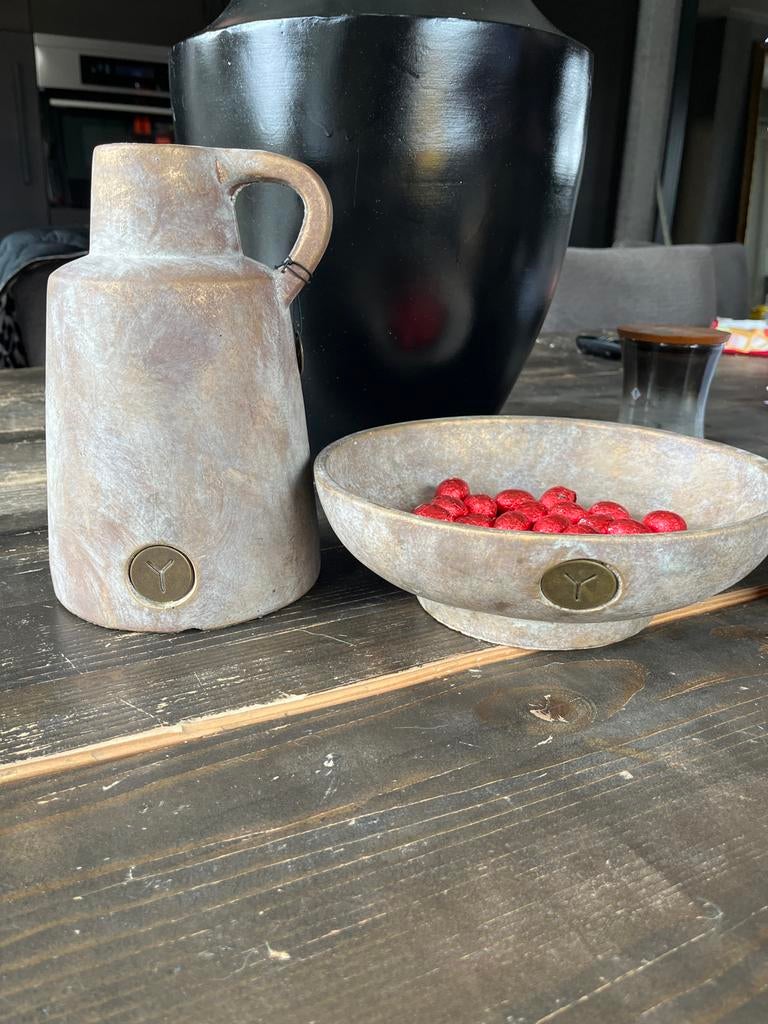 Brynxz Set van 3 vazen en schaal in aardewerk, Ophalen, Overige kleuren, Aardewerk of Porselein, Zo goed als nieuw