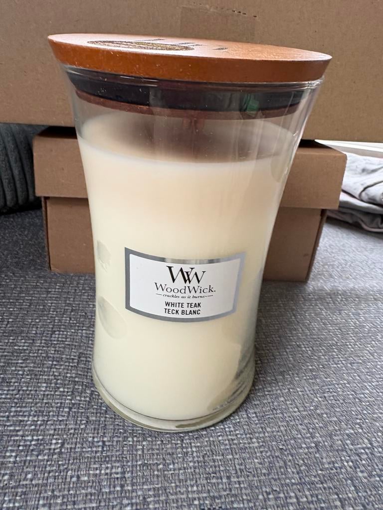 Ieuw, woodwick kaars large, white teak, Overige materialen, Nieuw, Ophalen of Verzenden, Kaars