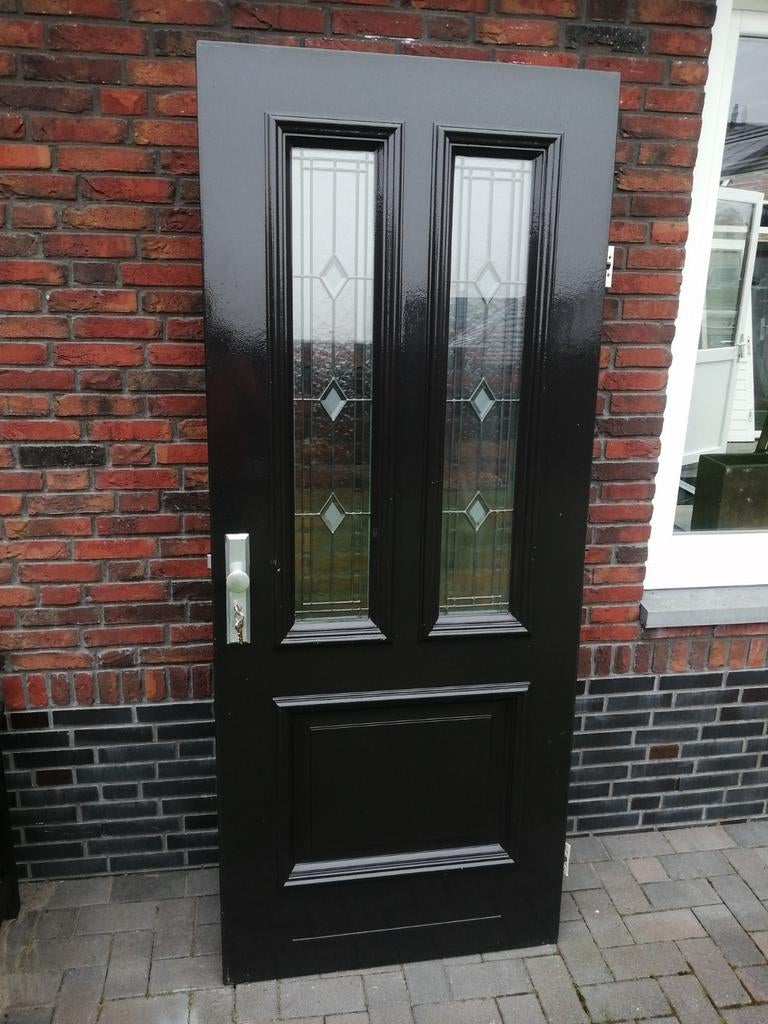 Merbau voordeur met glas in lood 211.5 x 88 cm compleet met, Ophalen, Glas, Buitendeur, 200 tot 215 cm