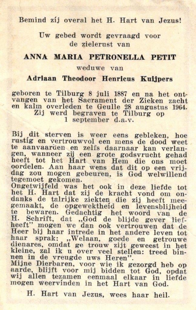 Petit Anna Maria Petronella 1887-1964 Tilburg, Ophalen of Verzenden