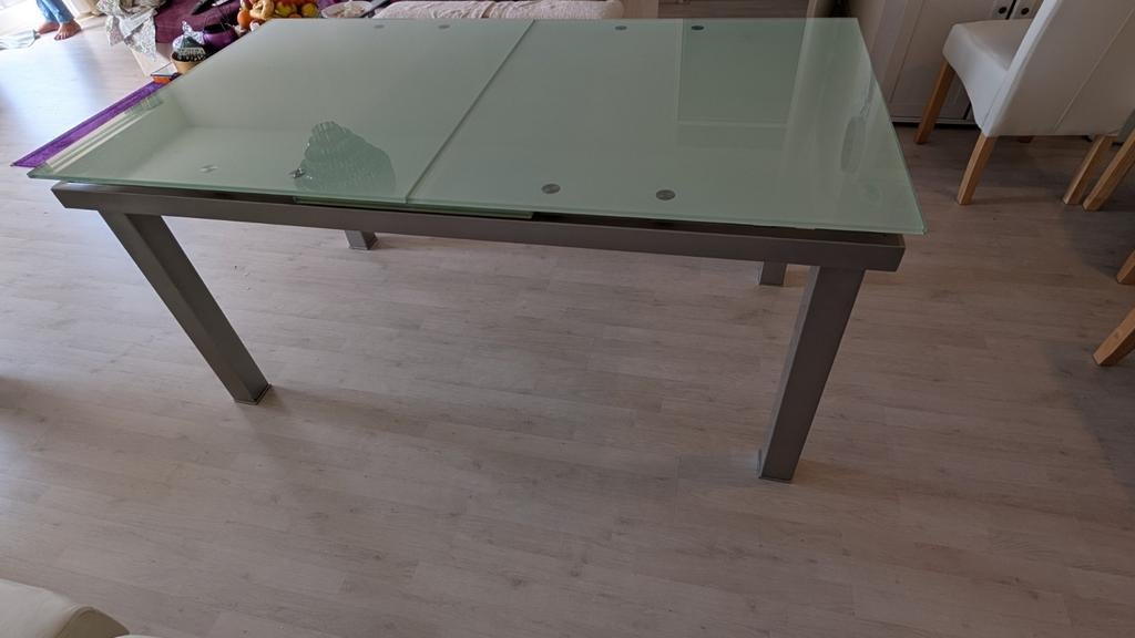 Uitschuifbare glazen eettafel van metaal, Huis en Inrichting, Tafels | Eettafels, Rechthoekig, 50 tot 100 cm, Ophalen of Verzenden