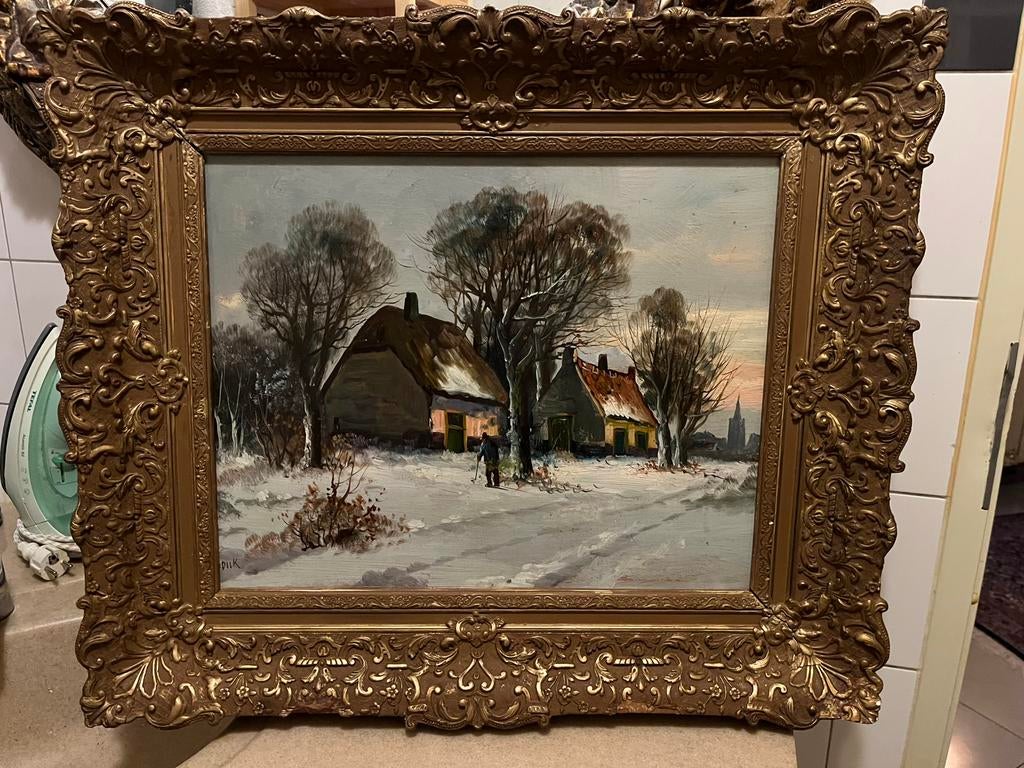 Antiek olieverf winter in dorp schilderij, Ophalen of Verzenden
