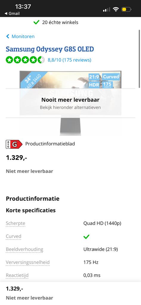 Samsung Odyssey G85 Oled ultra wide gaming monitor, Ophalen of Verzenden, Zo goed als nieuw