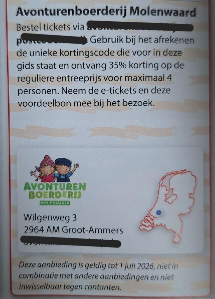 Avonturenboerderij Molenwaard 35% korting, Tickets en Kaartjes, Drie personen of meer, Kortingsbon