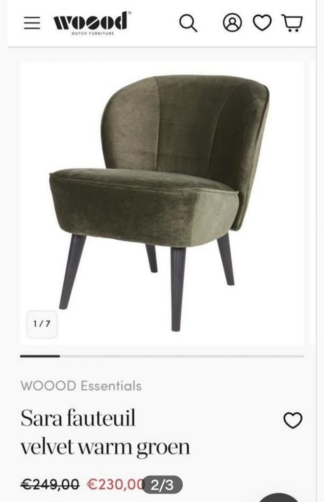 Woood Sara fauteuil velvet warm groen, Ophalen, Minder dan 75 cm, Stof, 50 tot 75 cm