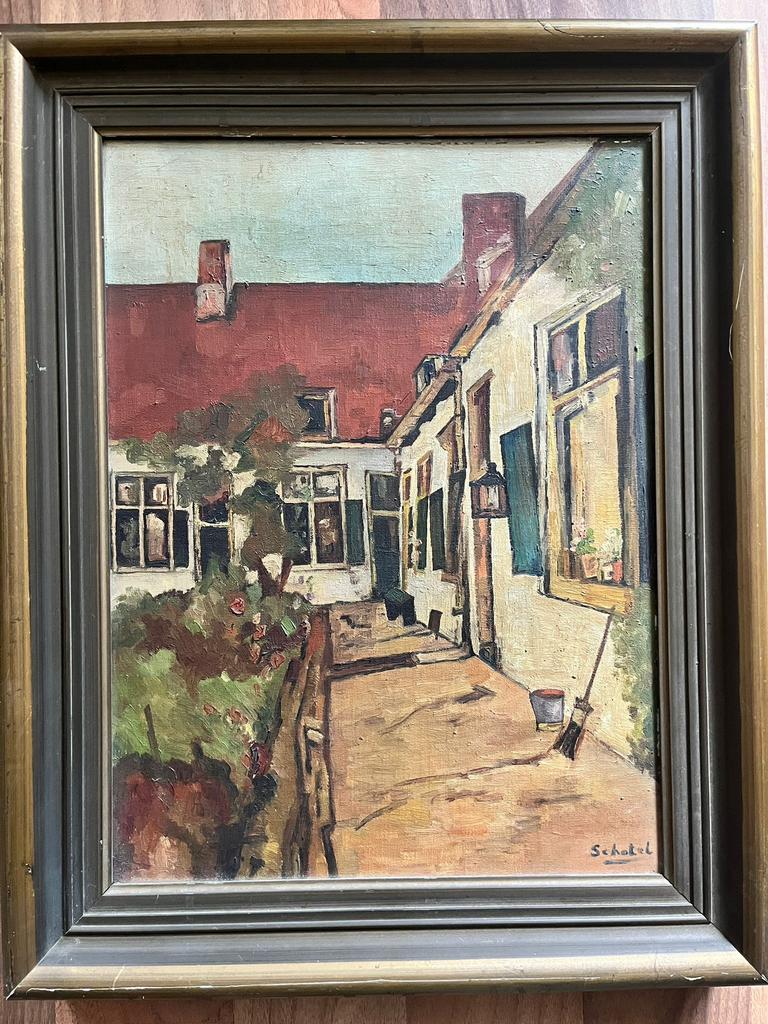 Antieke Schilderij “Hofje” Dordrecht van Schotel, Ophalen of Verzenden