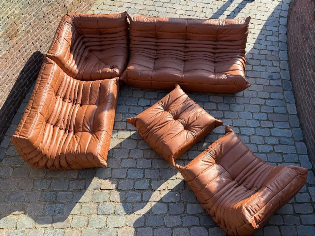 5-delige Togo Ligne Roset sofa - cognac lichtbruin leder, Ophalen, Zo goed als nieuw, Minder dan 150 cm, Leer