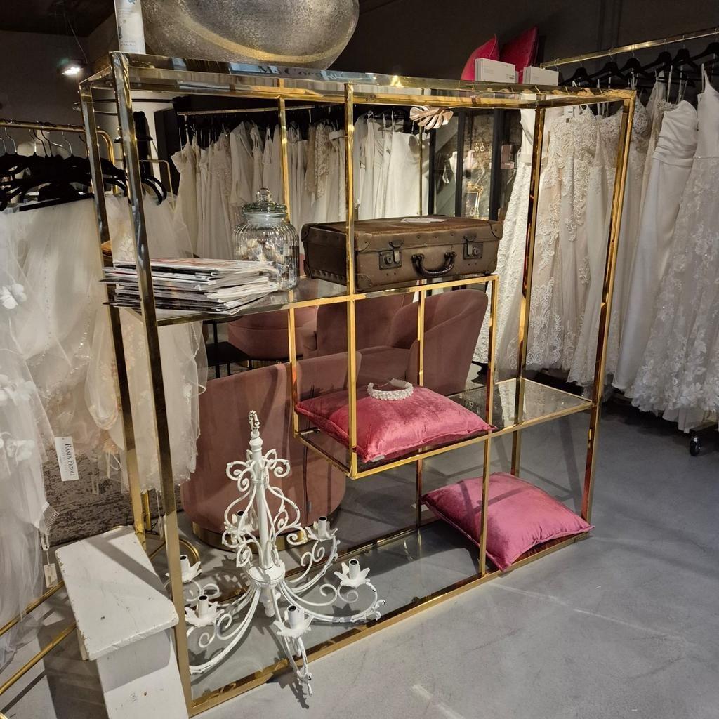 Open stellingkast goud met glazen planken, Ophalen, Zo goed als nieuw