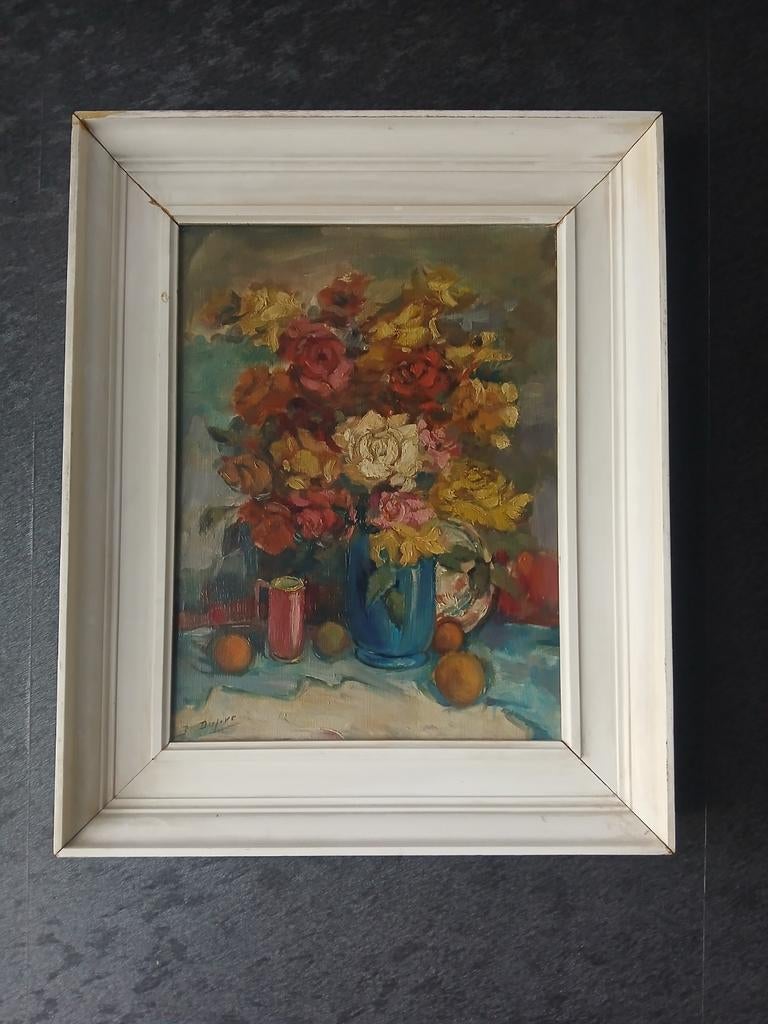 Schilderij: Bloemenstilleven op doek, gesigneerd, Antiek en Kunst, Ophalen of Verzenden