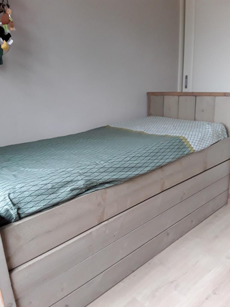 Uniek bed/halfhoogslaper steigerhout met opberg/speellade, Ophalen, 180 cm of meer, 85 tot 100 cm