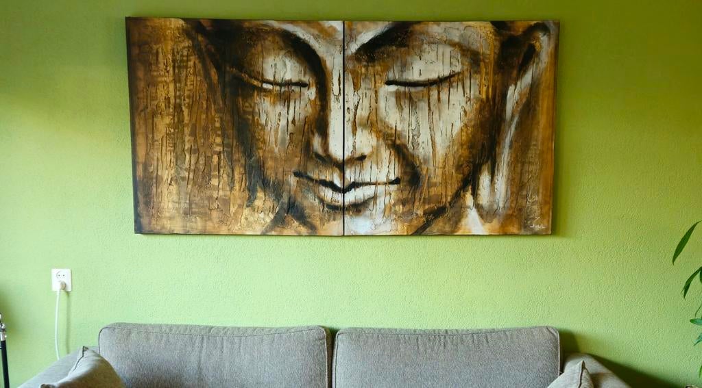 Uniek Boeddha schilderij tweeluik van Juul Hoes, Ophalen