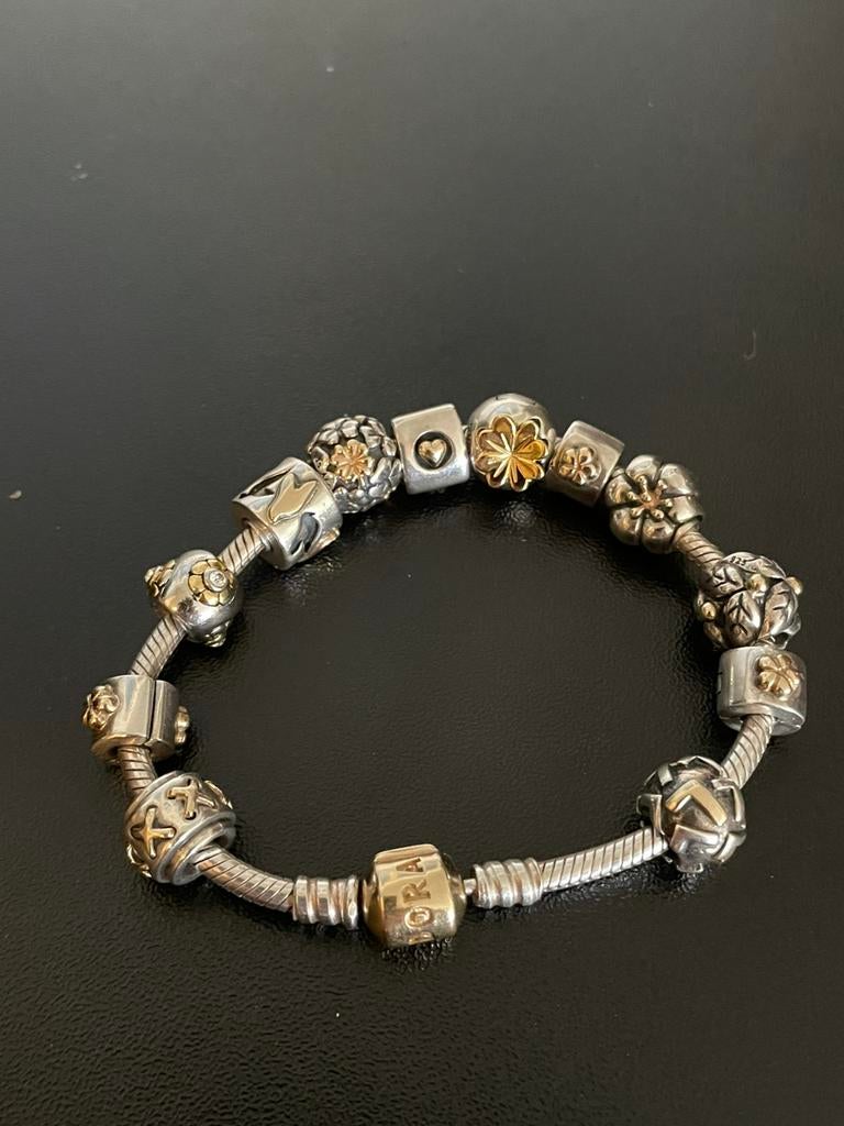 Pandora bedelarmband met 585 gouden slot, Ophalen of Verzenden, Zo goed als nieuw, Met bedels of kralen, Goud