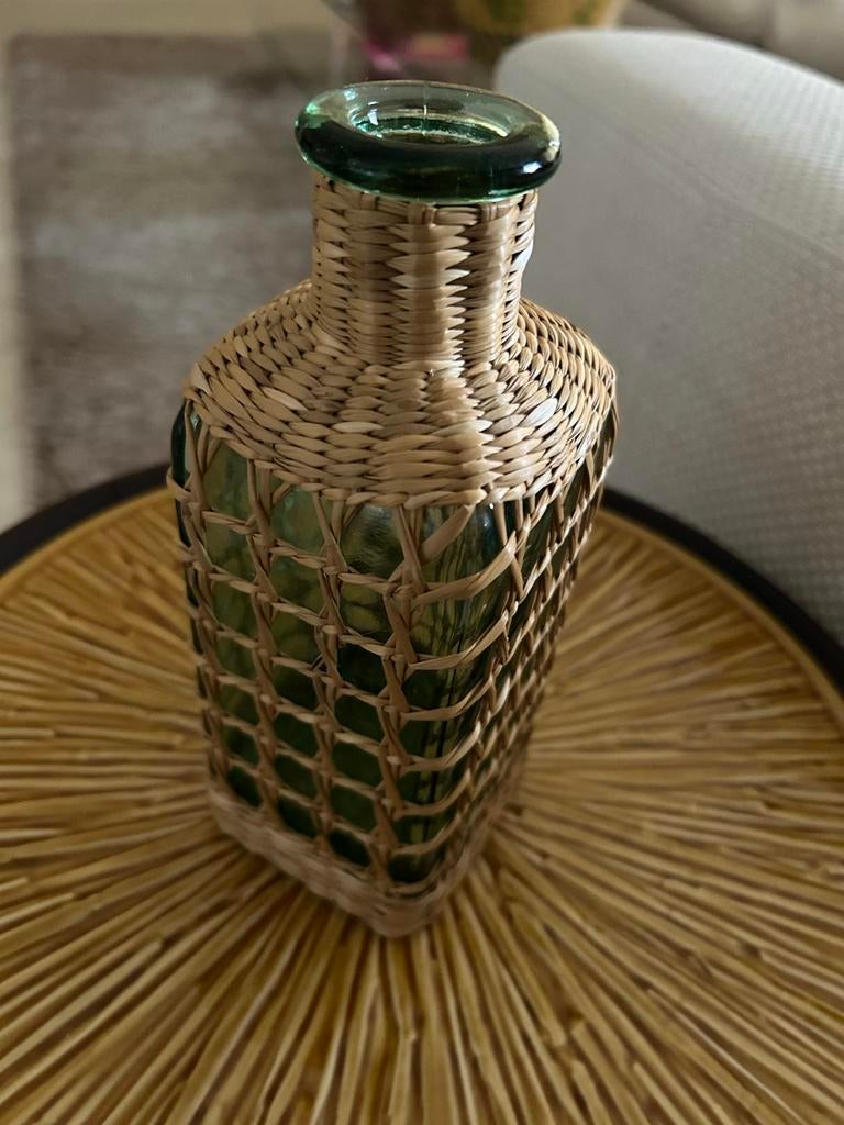 Vintage Bohème Mandfles met Rieten Omhulsel, Gebruikt, Ophalen of Verzenden, Glas, Minder dan 50 cm