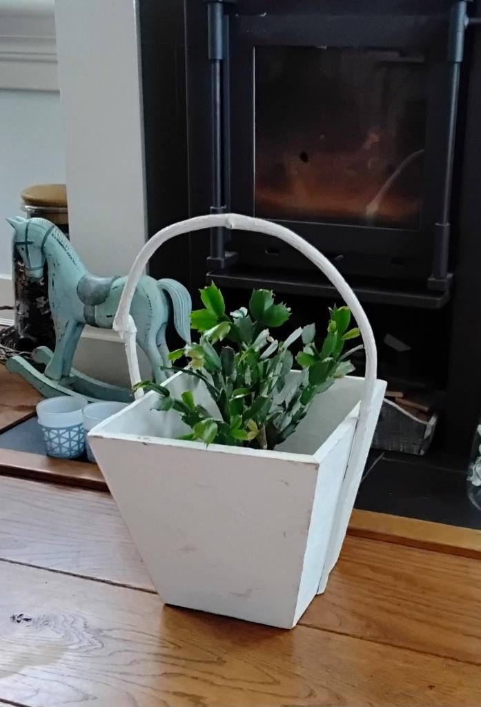 Brocante houten mand hengselmand plukmand (landelijk shabby, Huis en Inrichting, Ophalen of Verzenden, Gebruikt, Vierkant, Hout