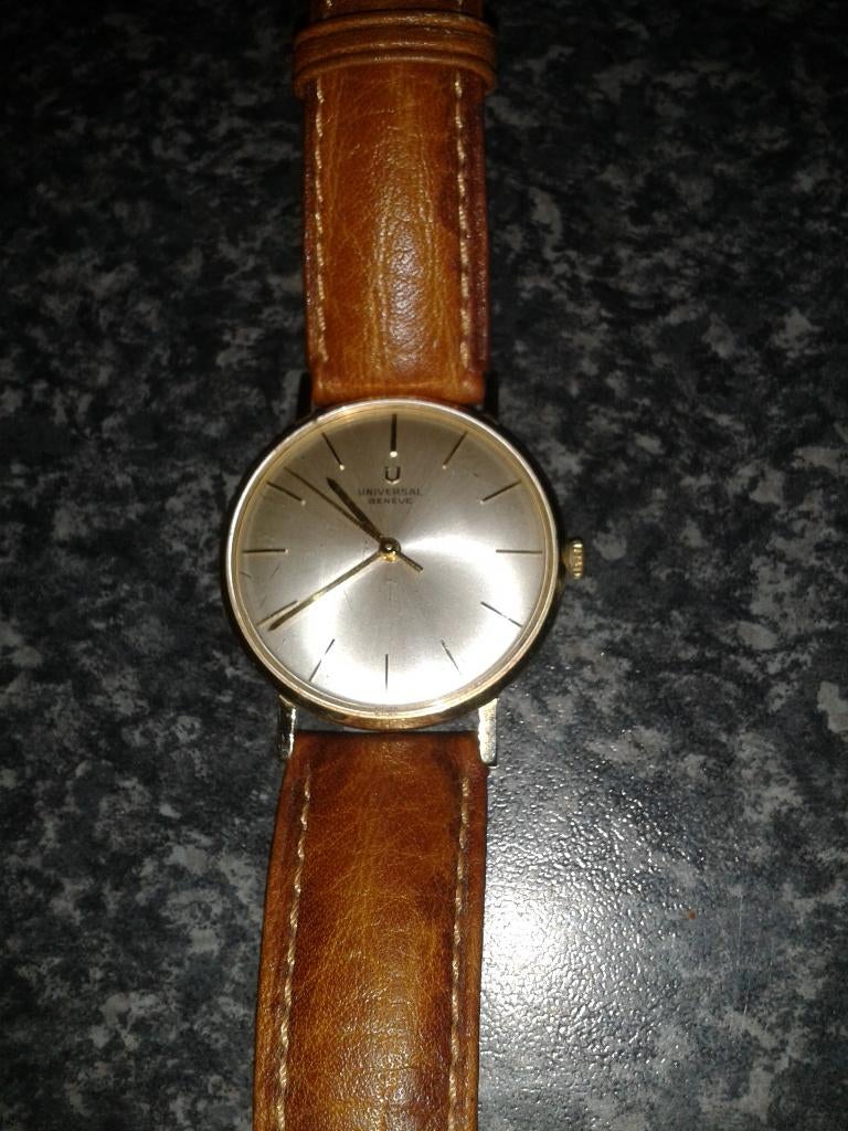 Universal - Geneve Vintage 14k gouden herenhorloge, Leer, Polshorloge, Zo goed als nieuw, Goud