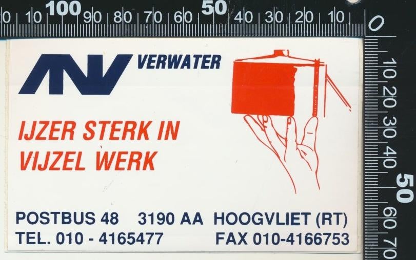 Sticker: Verwater - IJzer sterk in vijzel werk - Hoogvliet, Verzamelen, Ophalen of Verzenden, Zo goed als nieuw, Bedrijf of Vereniging