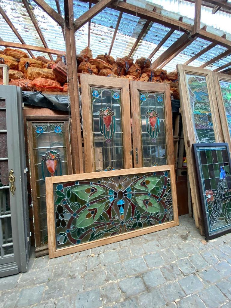 Glas in lood ramen uit verzameling Art Nouveau Art Deco, Ophalen, Gebruikt, Minder dan 80 cm, Overige typen