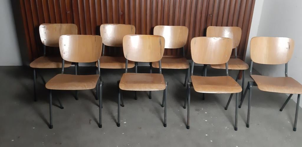 Set van 8 Riemersma Vintage Kantinestoelen Jaren 50, Huis en Inrichting, Stoelen, Gebruikt, Vijf, Zes of meer stoelen, Hout, Metaal