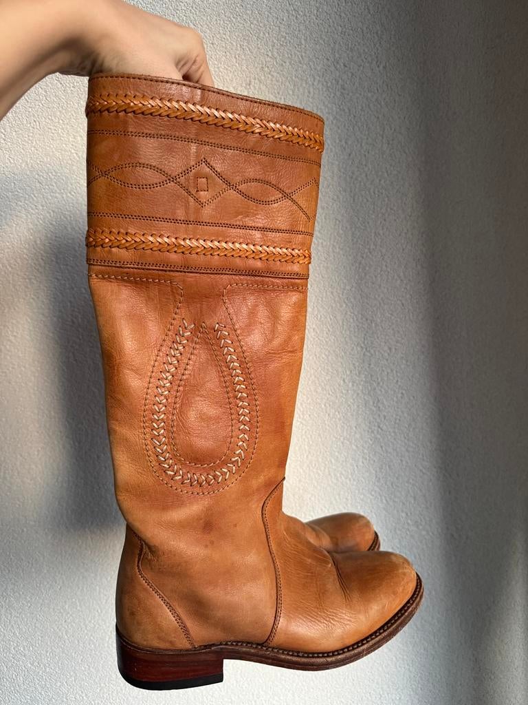 Sancho Boots hoge echt leren western stijl cowboy laarzen, Hoge laarzen, Beige, Ophalen of Verzenden, Zo goed als nieuw