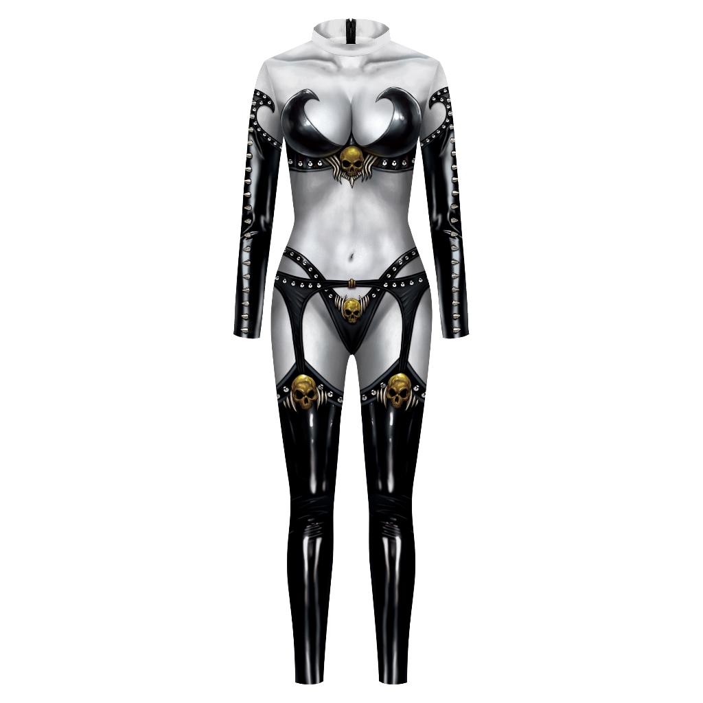 Dames catsuit 25 / bodysuit sexy zwart jumpsuit doodskop, Verzenden, Maat 46/48 (XL) of groter, Nieuw, Overige thema's