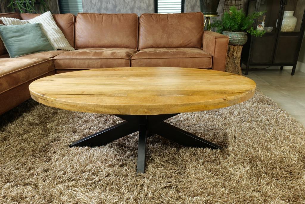 Nieuwe ovale salontafels mangohout kleur naturel en zwart., Overige houtsoorten, 100 tot 150 cm, Nieuw, Minder dan 50 cm