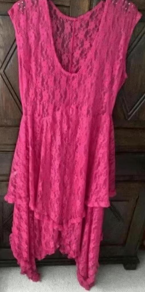 Roze, rode, fuchsia jurk open werkje 'punten'; oto 56 cm, Ophalen of Verzenden, Zo goed als nieuw, Roze, Jurk